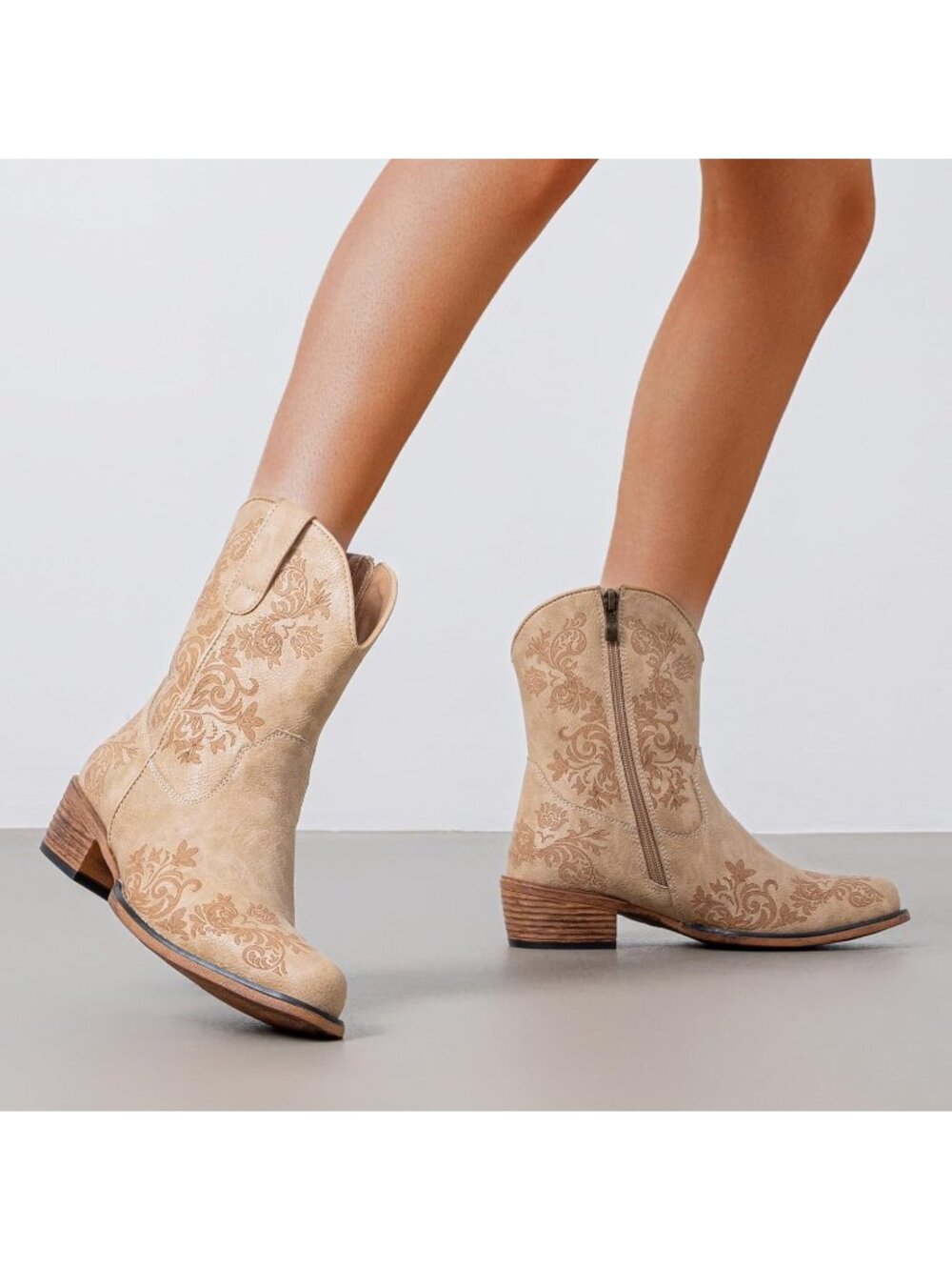Women's Tan Cowboy Boots Cowgirl Ankle Western with Square Toe Low Heel - Picture 3 of 6